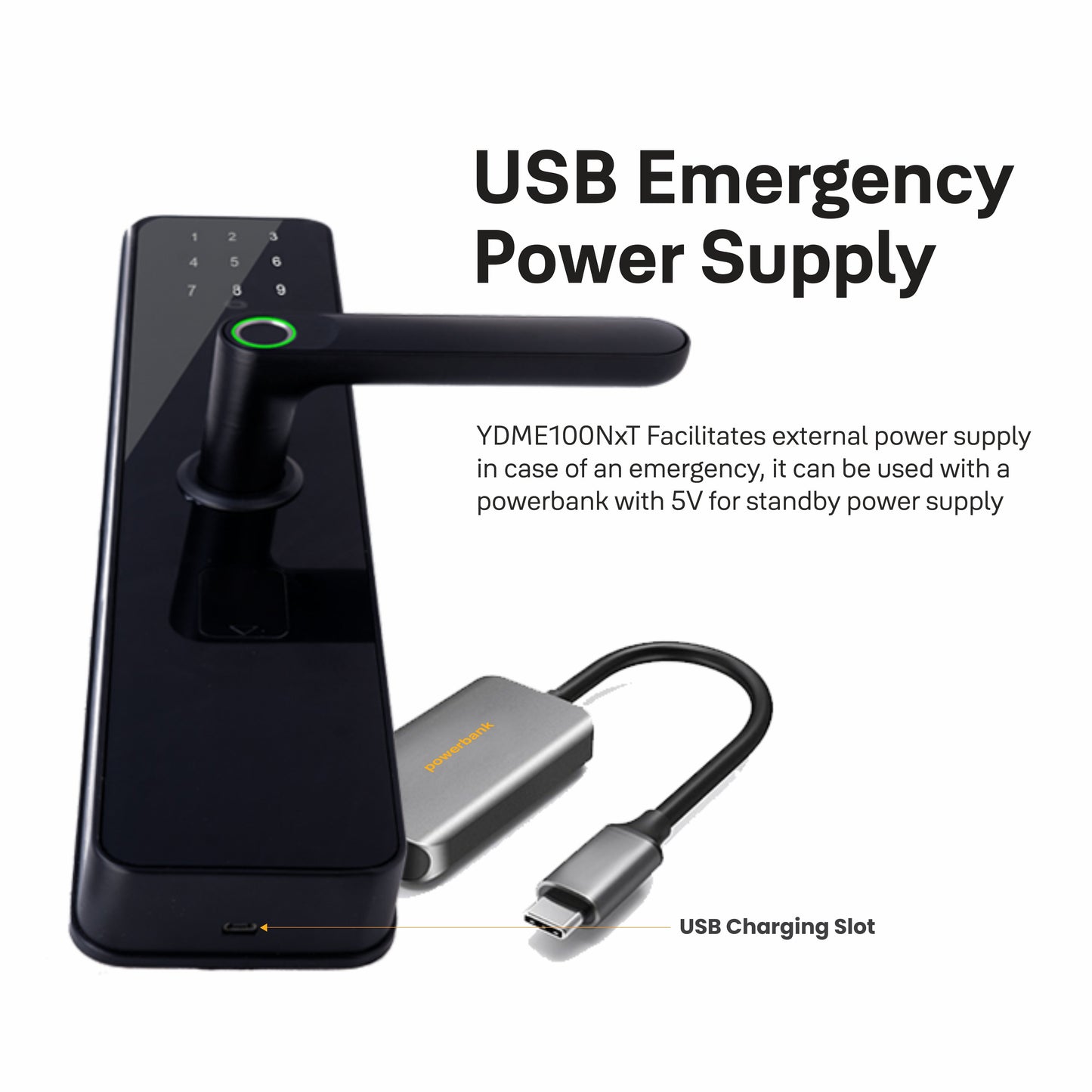 YDME100NxT Smart Door Lock, Black, Fingerprint, PIN, RFID, Manual Key Access