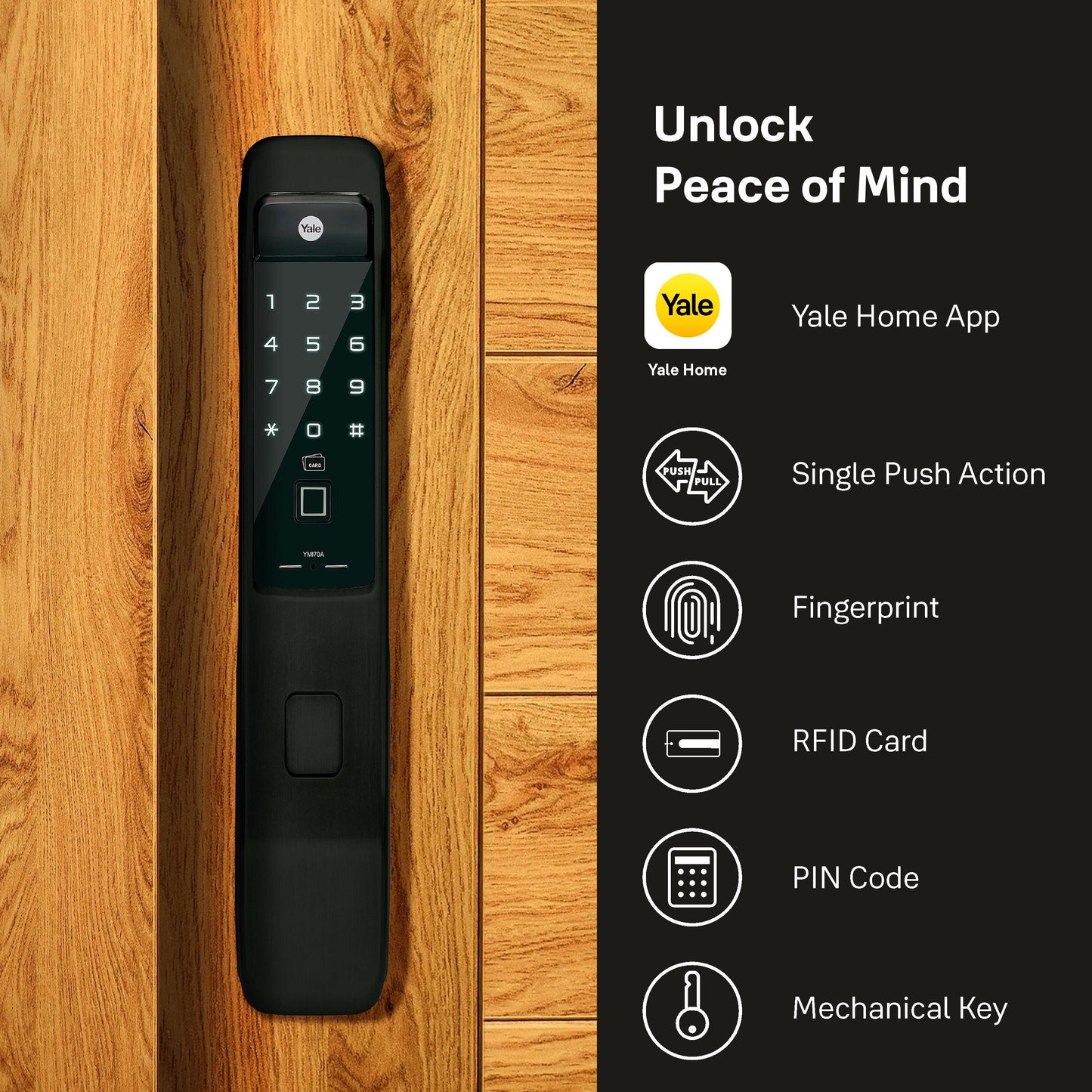YMI 70 MB- A Series, Push Pull Smart Lock, Matt Black (Bluetooth Module and Wifi Bridge Included)