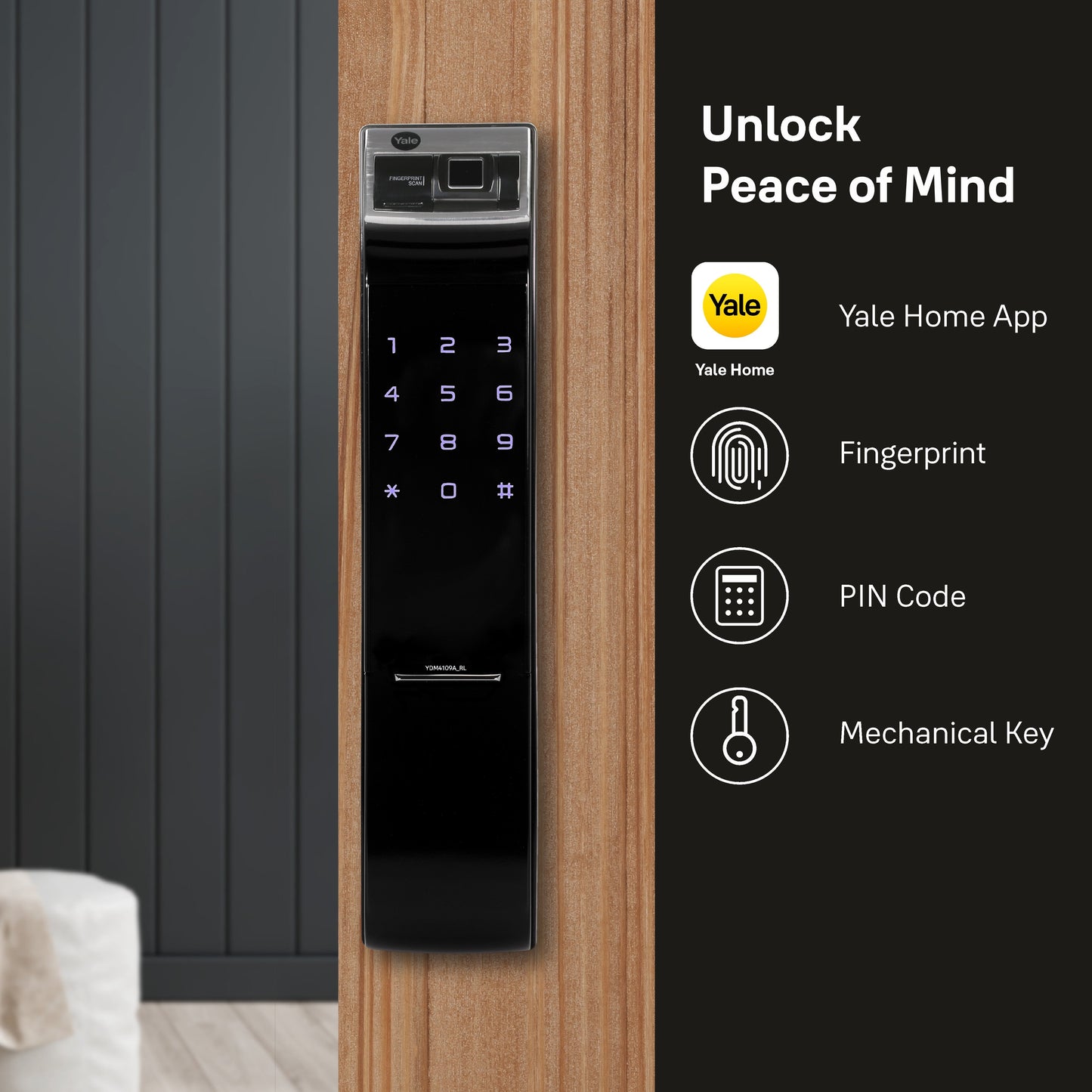 YDM 4109 (Roller Latch) Smart Lock, Black , Without Handle