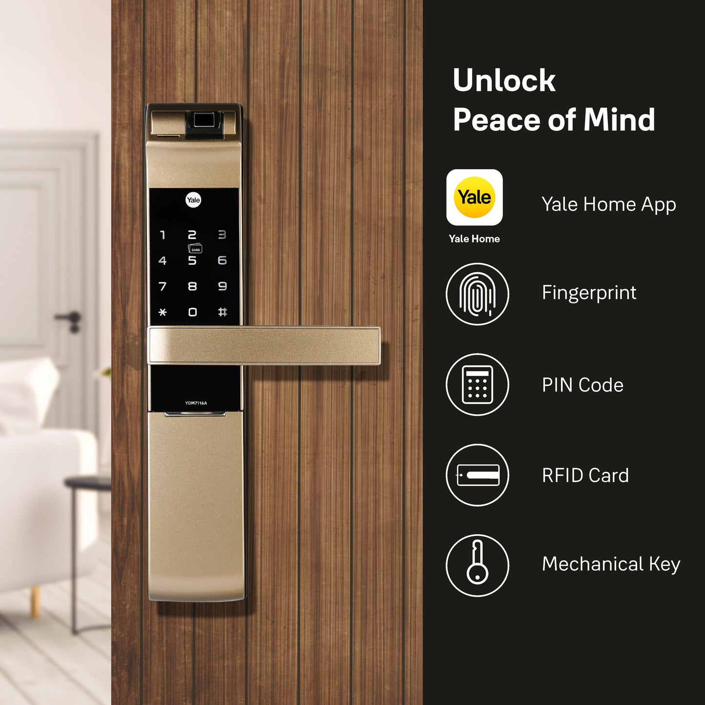 YDM 7116A Smart Lock, Champagne Gold with Fingerprint, PIN Code, RFID Card, Mechanical Key, Bluetooth module, Works with Yale Home App