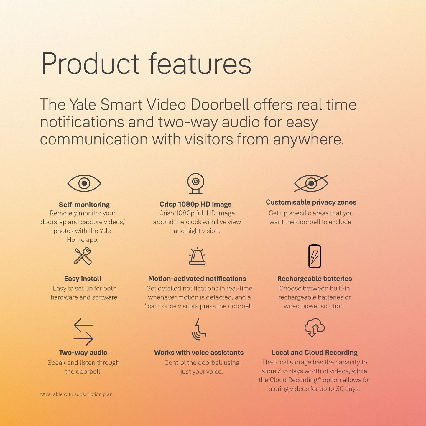 Yale Smart Video Doorbell 1080p Full HD image, live viewing, and night vision, Works on Yale Home app