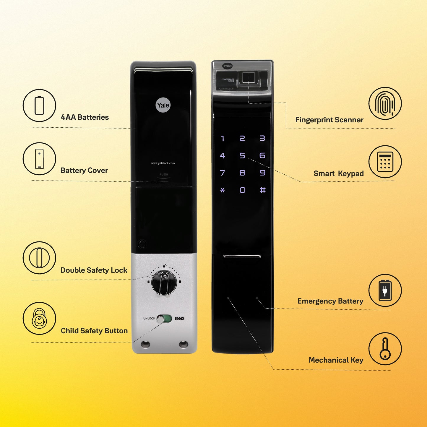 YDM 4109 (Roller Latch) Smart Lock, Black , Without Handle