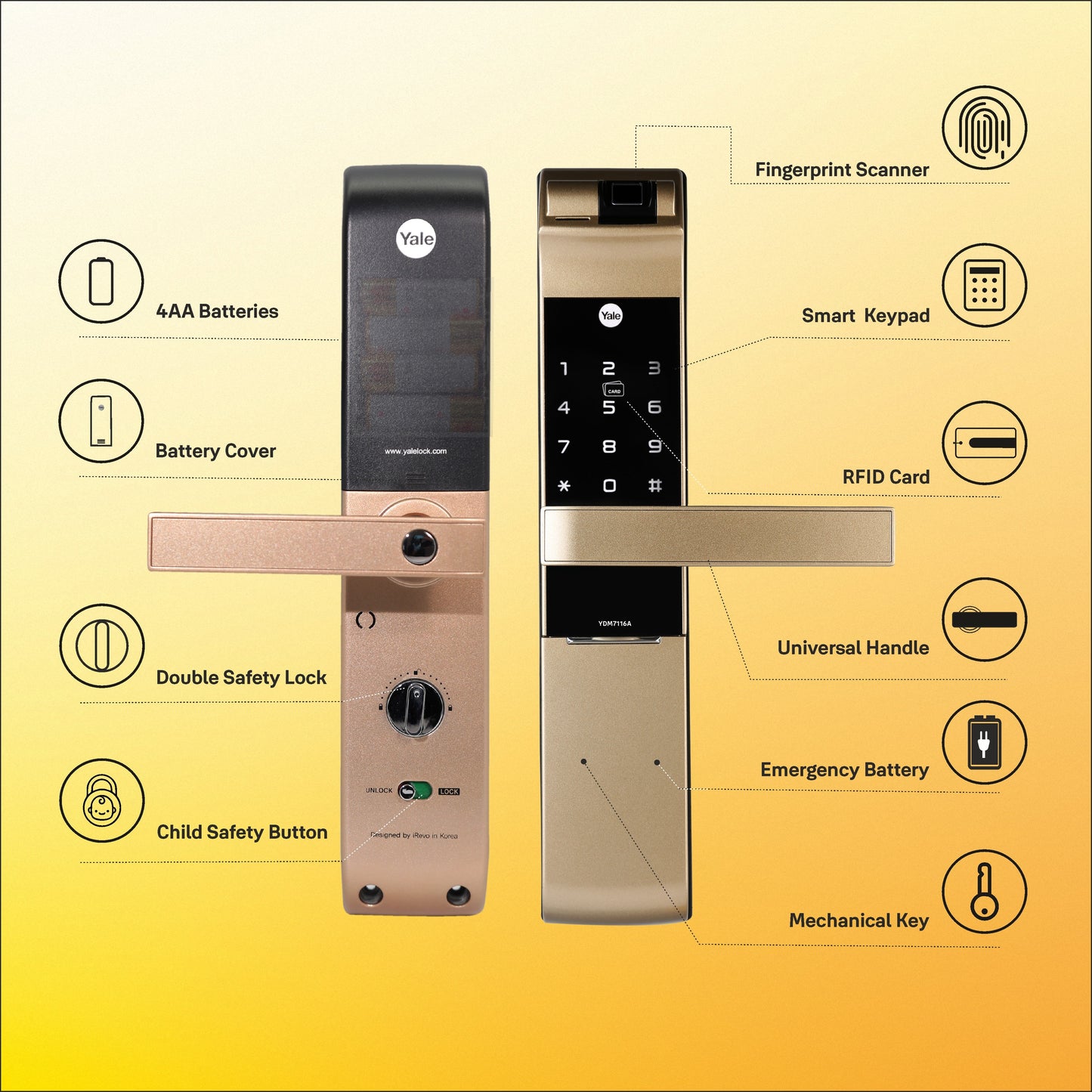 YDM 7116A Smart Lock, Champagne Gold with Fingerprint, PIN Code, RFID Card, Mechanical Key, Bluetooth module, Works with Yale Home App