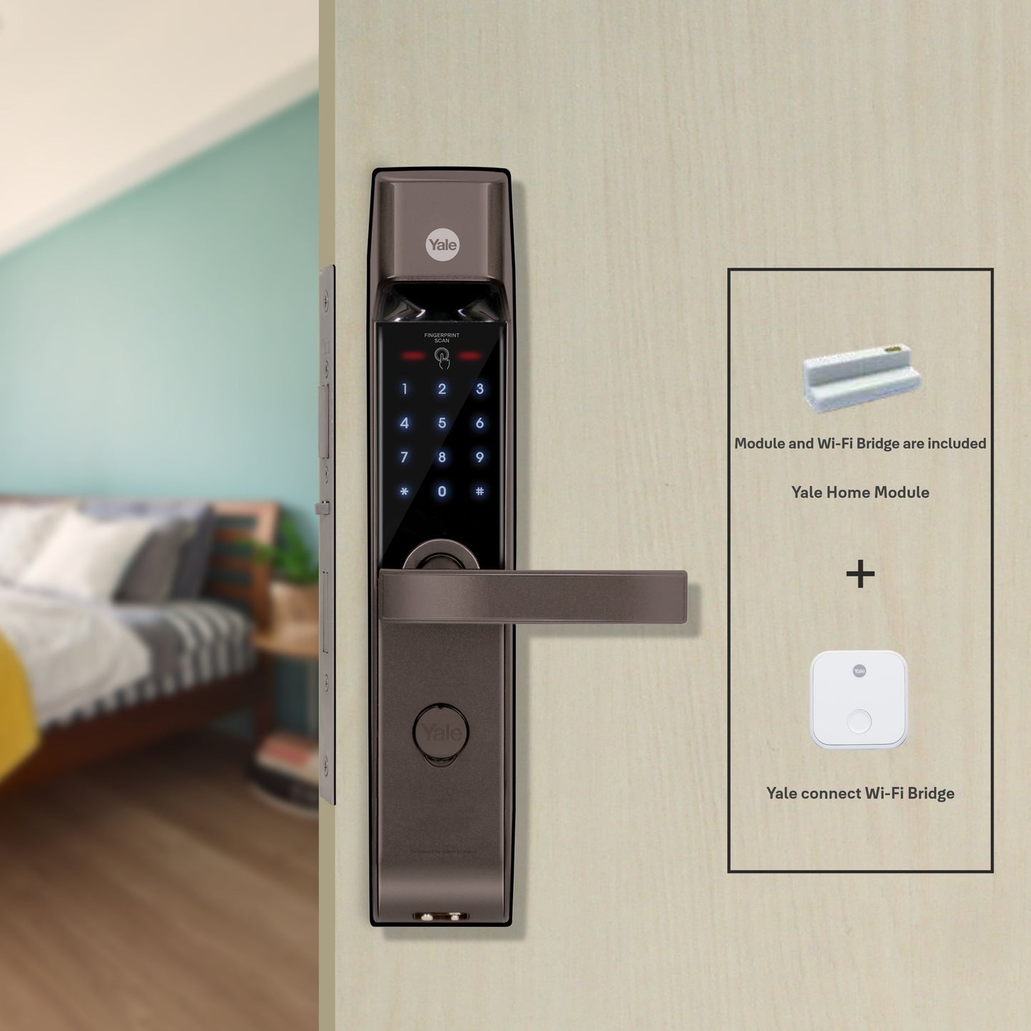 YDM 4115 -A Series, Smart Lock, Brown with Fingerprint, PIN, manual key and Yale Home App With Bluetooth Module and Wifi Connect Bridge