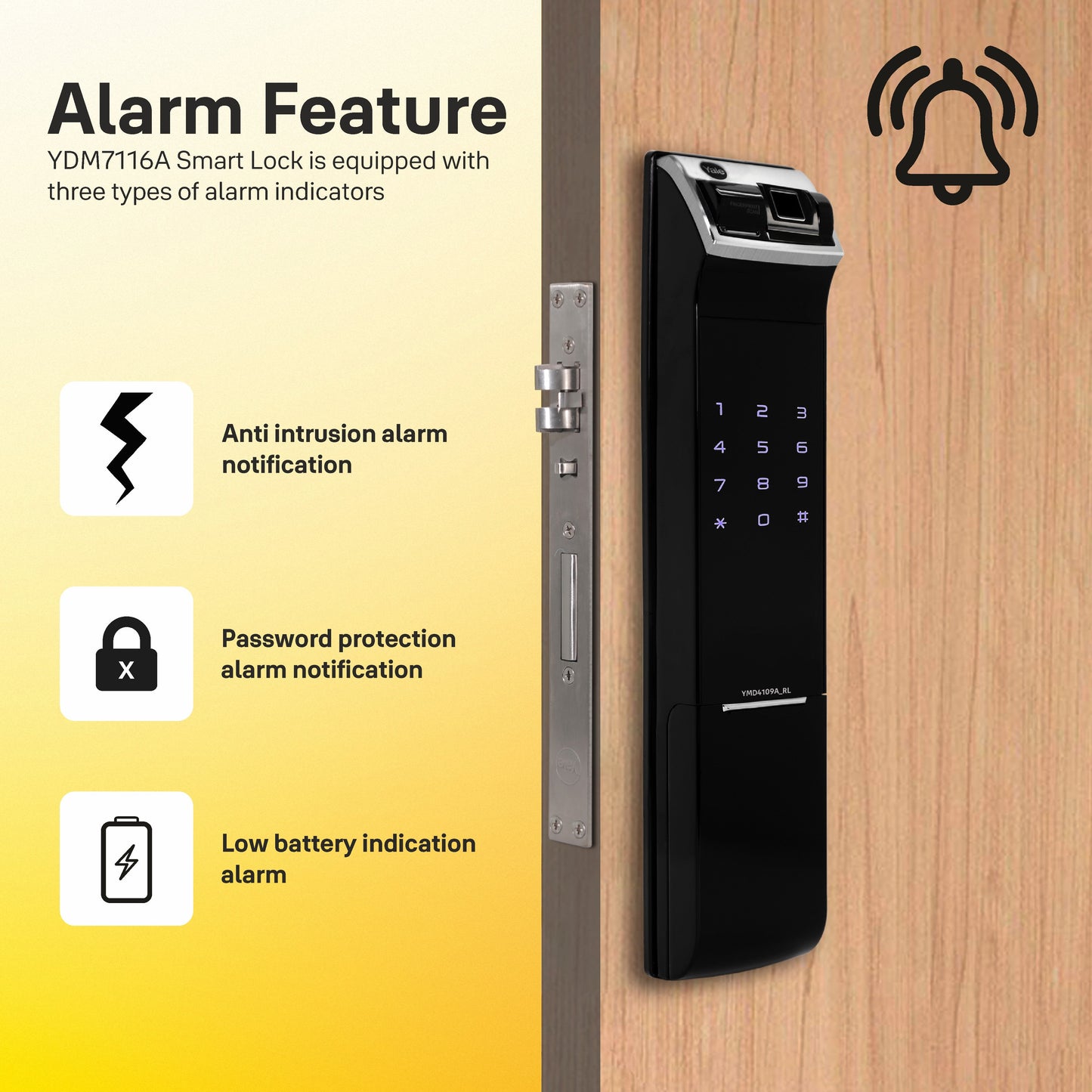 YDM 4109 (Roller Latch) Smart Lock, Black , Without Handle