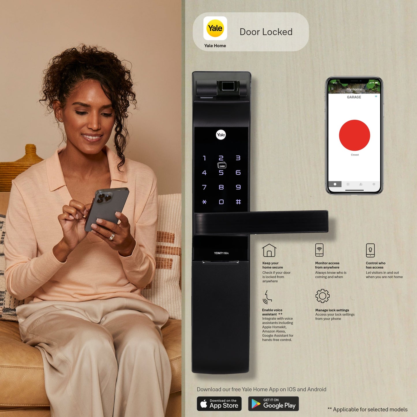 YDM 7116A Smart Lock, Matt Black with Fingerprint, PIN Code, RFID Card, Mechanical Key, Bluetooth module, Works with Yale Home App