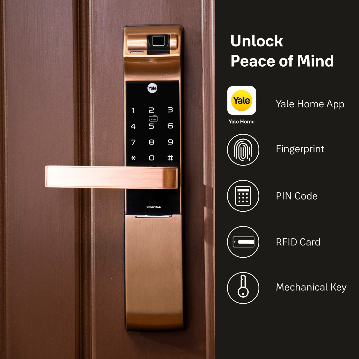 YDM 7116A Smart Lock, Red Bronze YDM 7116A Smart Lock with Fingerprint, PIN Code, RFID Card, Mechanical Key, Bluetooth module, Works with Yale Home App