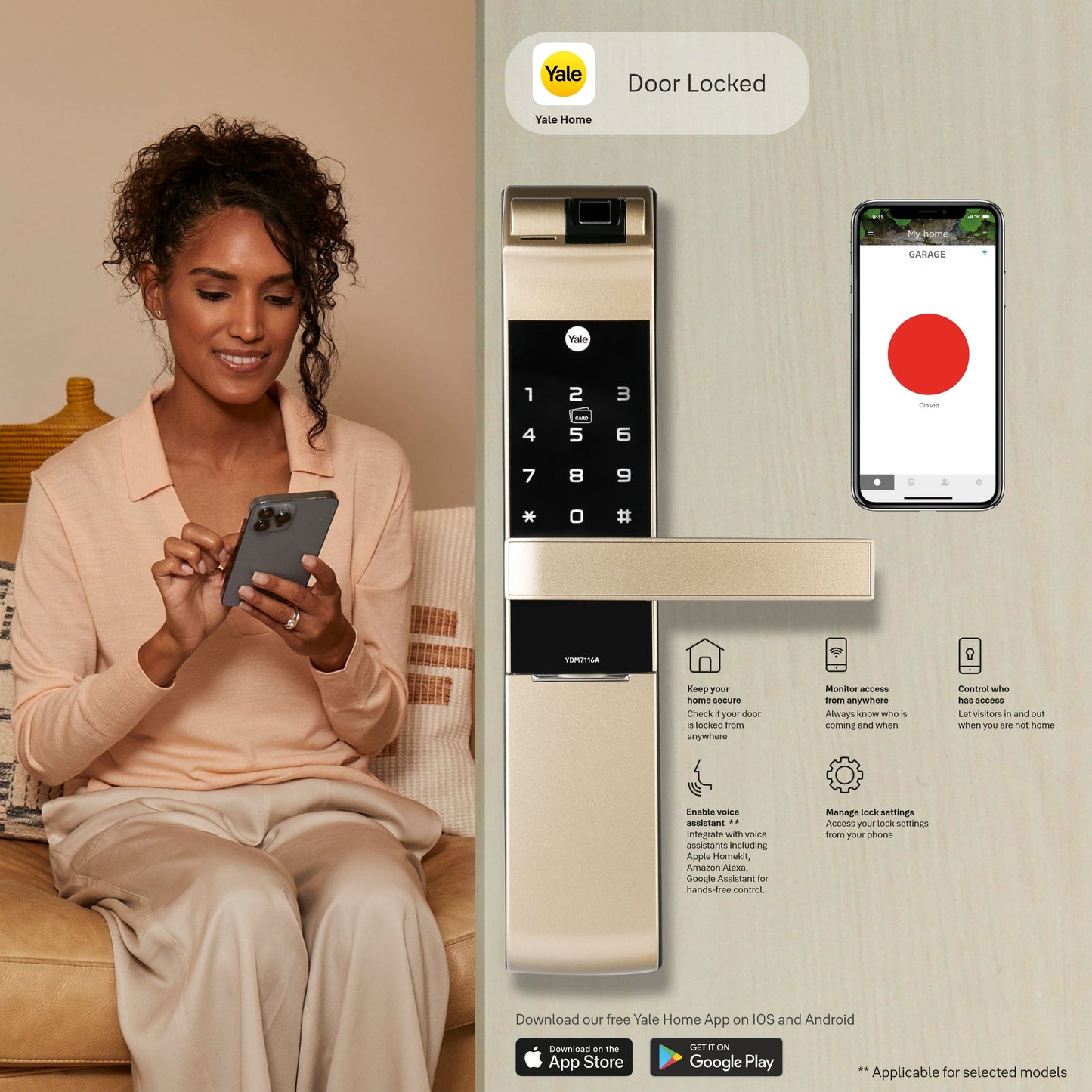 YDM 7116A Smart Lock, Champagne Gold with Fingerprint, PIN Code, RFID Card, Mechanical Key, Bluetooth module, Works with Yale Home App