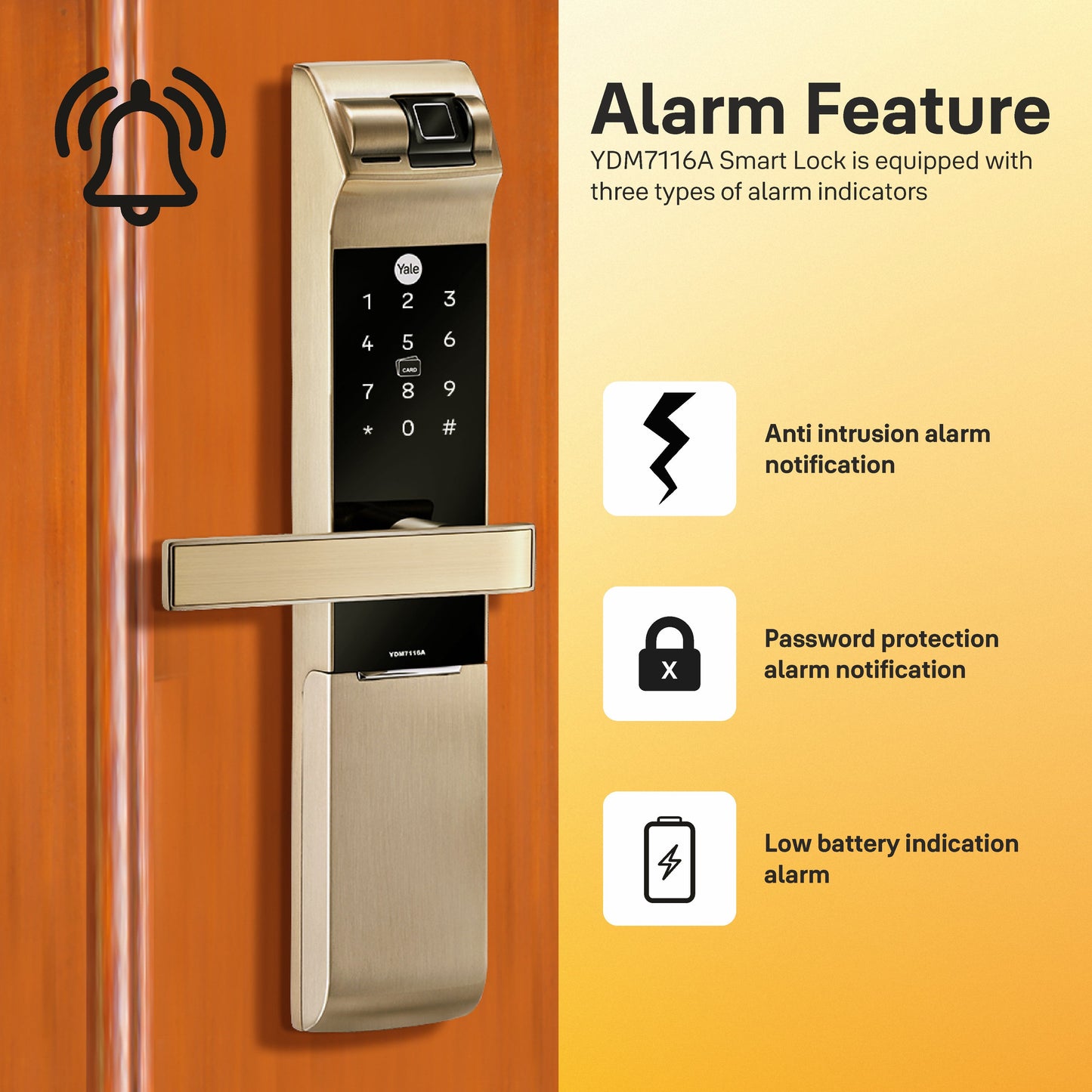 YDM 7116A Smart Lock, Champagne Gold with Fingerprint, PIN Code, RFID Card, Mechanical Key, Bluetooth module, Works with Yale Home App