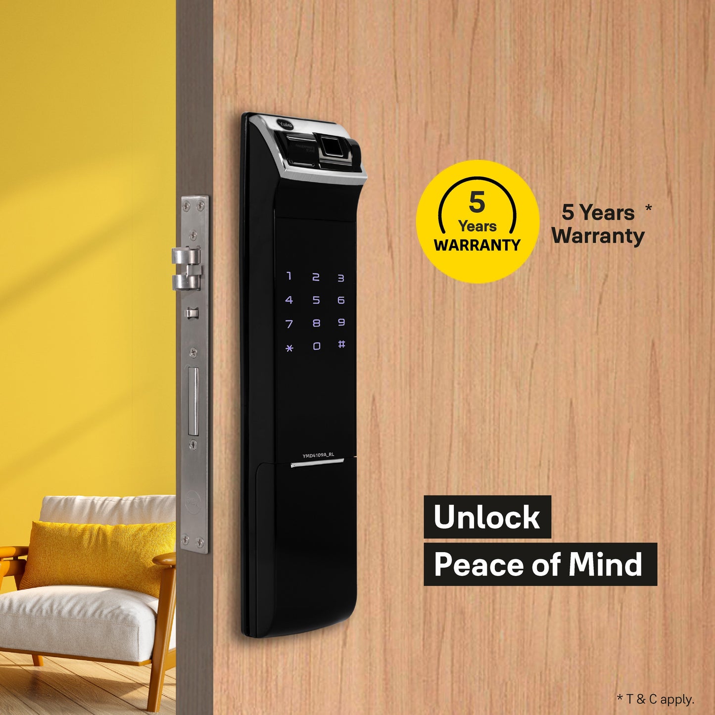YDM 4109 (Roller Latch) Smart Lock, Black , Without Handle