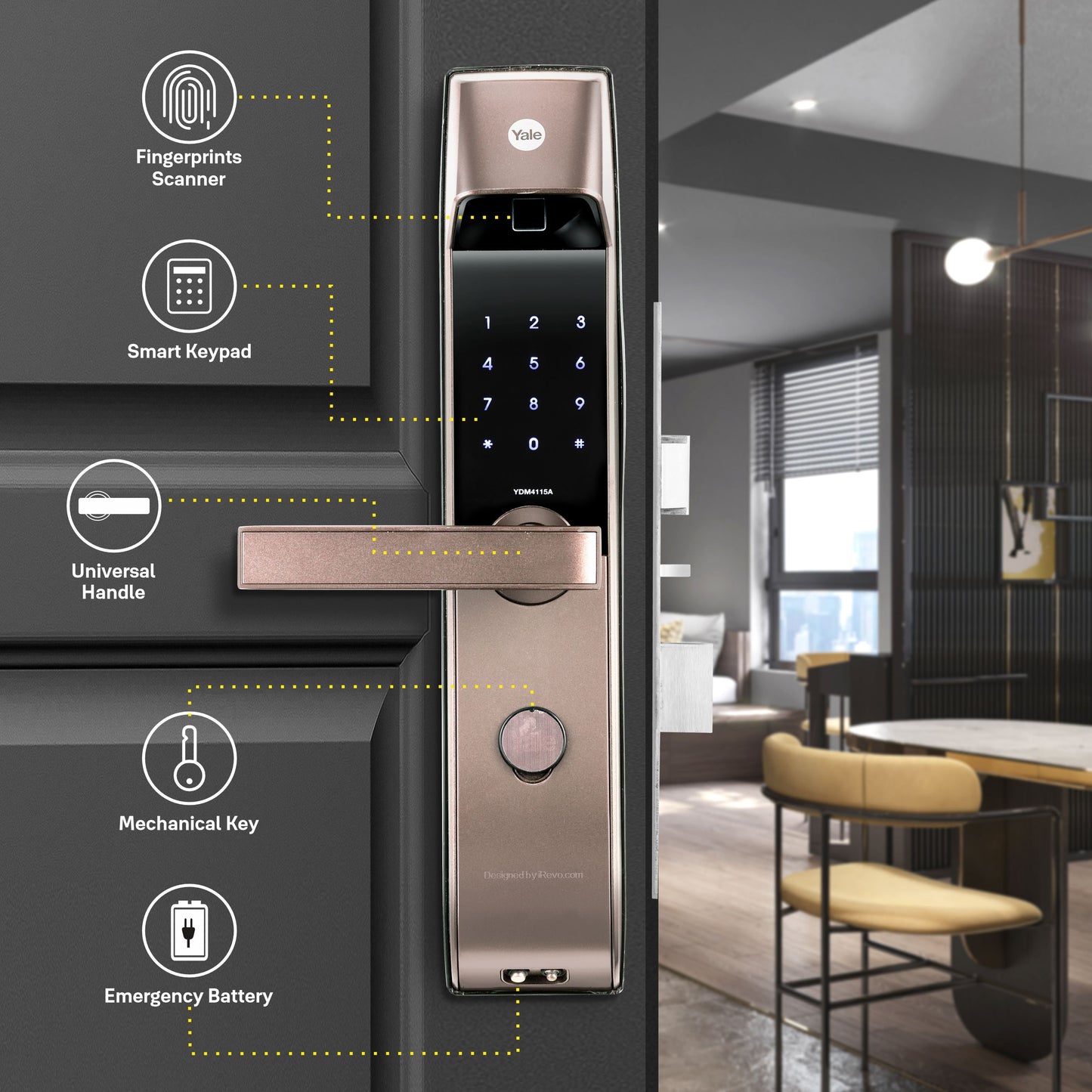 YDM 4115 -A Series, Smart Lock, Brown with Fingerprint, PIN, manual key and Yale Home App With Bluetooth Module and Wifi Connect Bridge