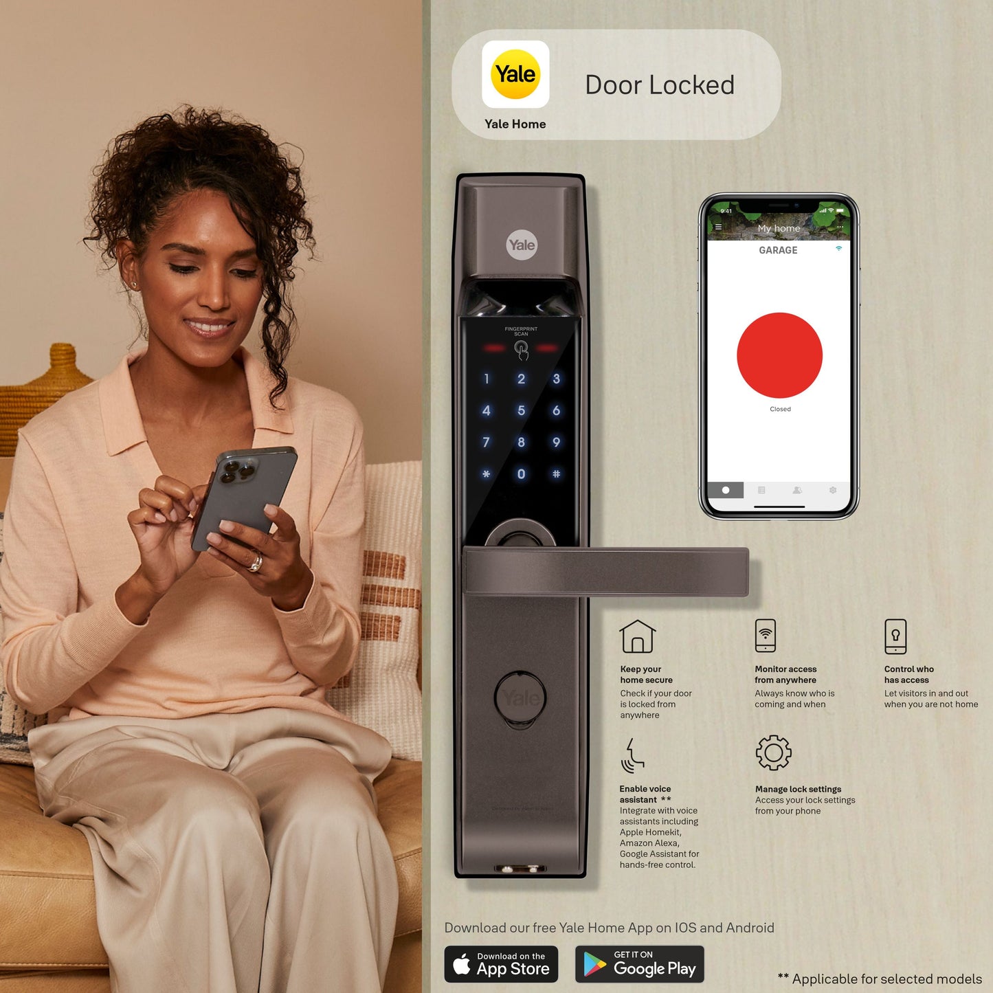 YDM 4115 -A Series, Smart Lock, Brown with Fingerprint, PIN, manual key and Yale Home App With Bluetooth Module and Wifi Connect Bridge
