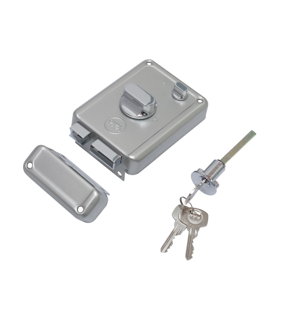 R600-DBTT, RIM Lock With Two Deadbolts, Knob Inside, Regular Key, Silver