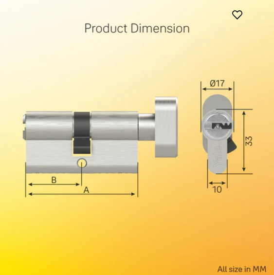 Yale Cylinder (70 MM TT SN DK-S) with Inside Thumb turn, Satin Nickel, Dimple Keys (5nos.)