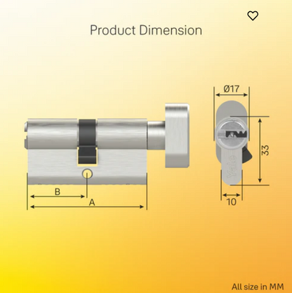 Yale Cylinder (70 MM TT SN DK-S) with Inside Thumb turn, Satin Nickel, Dimple Keys (5nos.)