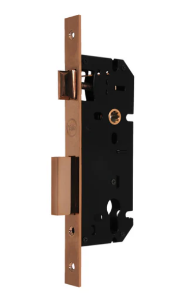 Yale Mortise Lock, 85mm Centre Distance And 45mm Backset, PVD Rose Gold color plate with Strike plate in box