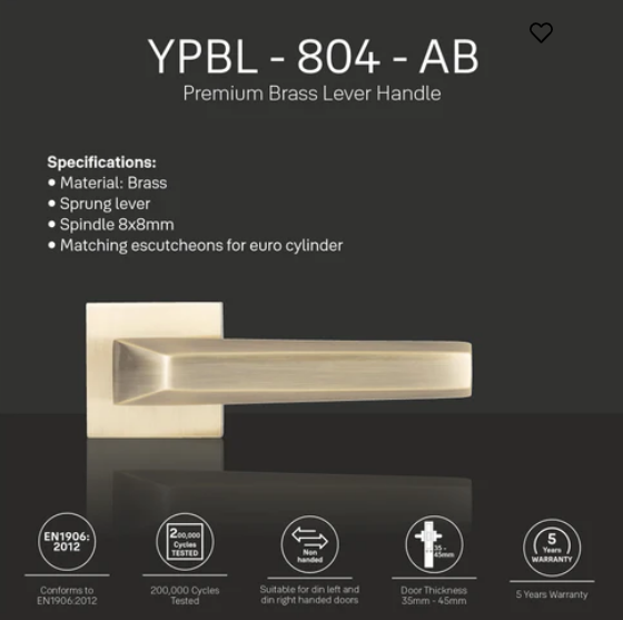 YPBL-804-Solid Brass Lever Handle, Antique Brass