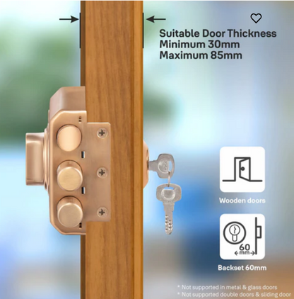 Yale Kratos™ KRT-LB-TT-RGM/RG RIM lock for main door with 1 latch and 2 deadbolts, Knob inside and outside Dimple key (4nos.), Rose Gold Matt/Rose Gold (Dual Finish)