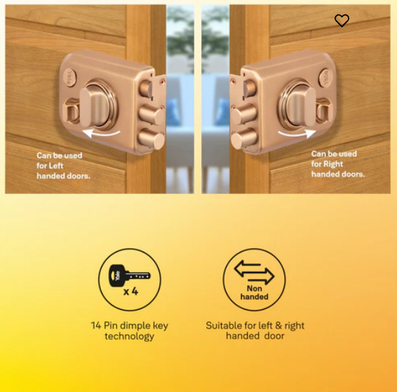 Yale Kratos™ KRT-LB-TT-RGM/RG RIM lock for main door with 1 latch and 2 deadbolts, Knob inside and outside Dimple key (4nos.), Rose Gold Matt/Rose Gold (Dual Finish)