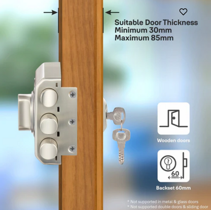 Yale Kratos™ KRT-LB-TT-SSM/BN Rim lock – Tribolt, 2 Deadbolts & 1 Latch Bolt, Thumbturn, 4 Dimple Keys (Satin Steel Matt and Black Nickel)