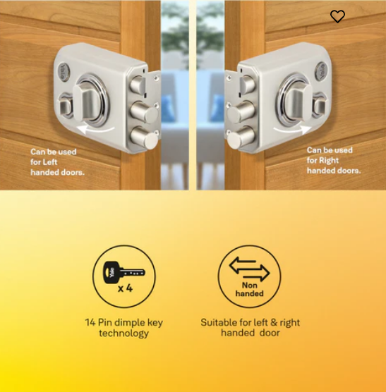 Yale Kratos™ KRT-LB-TT-SSM/BN Rim lock – Tribolt, 2 Deadbolts & 1 Latch Bolt, Thumbturn, 4 Dimple Keys (Satin Steel Matt and Black Nickel)