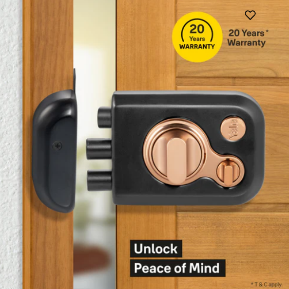 Yale Kratos™ KRT-LB-TT-BM/RG RIM lock for main door with 1 latch and 2 deadbolts, Knob inside and outside Dimple key (4nos.), Black Matt/Rose Gold (Dual Finish)