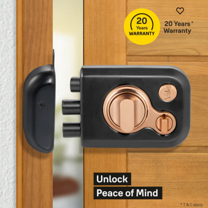 Yale Kratos™ KRT-LB-TT-BM/RG RIM lock for main door with 1 latch and 2 deadbolts, Knob inside and outside Dimple key (4nos.), Black Matt/Rose Gold (Dual Finish)