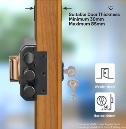 Yale Kratos™ KRT-LB-TT-BM/RG RIM lock for main door with 1 latch and 2 deadbolts, Knob inside and outside Dimple key (4nos.), Black Matt/Rose Gold (Dual Finish)