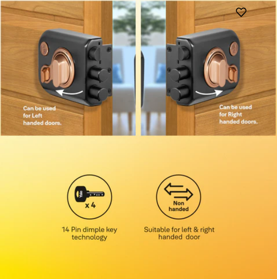 Yale Kratos™ KRT-LB-TT-BM/RG RIM lock for main door with 1 latch and 2 deadbolts, Knob inside and outside Dimple key (4nos.), Black Matt/Rose Gold (Dual Finish)
